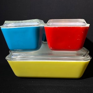 PYREX Primary Full set Fridgie lid fridge Vintage Pyrex Set 1950s Pyrex Refrigerator Set 501 502 503 8 pc fridgie ap