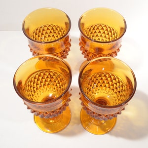 Vintage Diamond Point Amber Set of 4 Water Goblet Footed 6.5 tall Wine by Indiana Glass mcm image 3