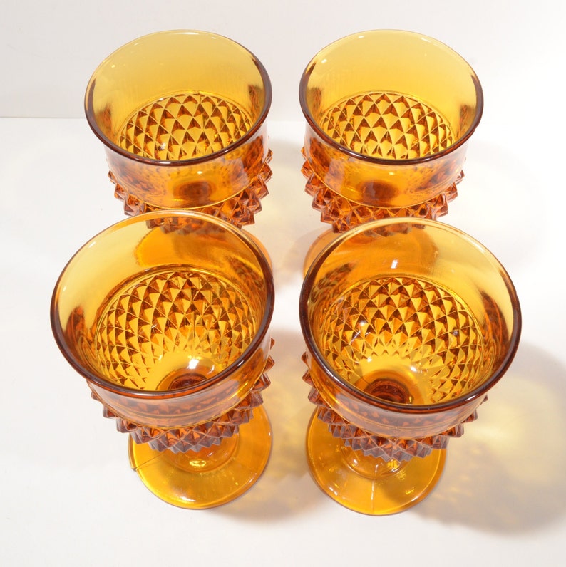 Vintage Diamond Point Amber Set of 4 Water Goblet Footed 6.5 tall Wine by Indiana Glass mcm image 3