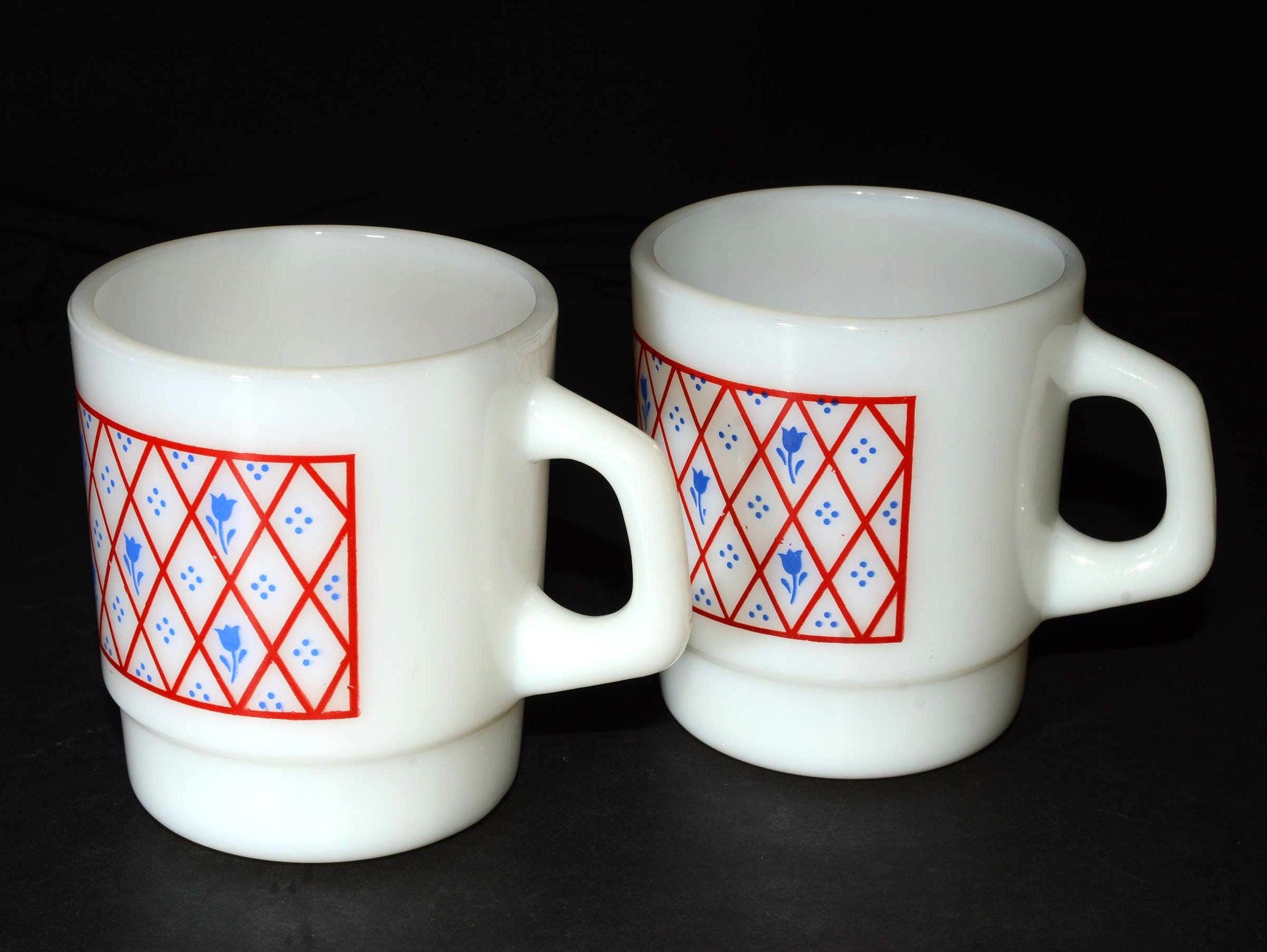 Set of 2 Milk Glass Termocrisa stackable mugs Coffee mugs Tea Cups Mexico 1960s C handle Milk glass crisscross pattern blue flower 8 oz