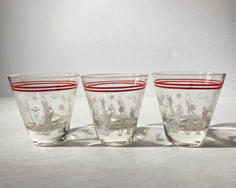 Set of 3 Vintage Mid-century Golf graphic Drinking glass 2.75 inches tall Retro shot glasses tumbler glass red sailing