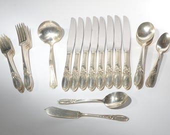 Vintage White Orchid Community verzilverd zilverwerk jaren 1950 verschillende sets mes lepel vork bloem