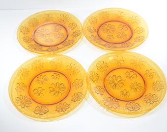 Vintage Vereco Set of 4 Amber Daisy Plate 7.5