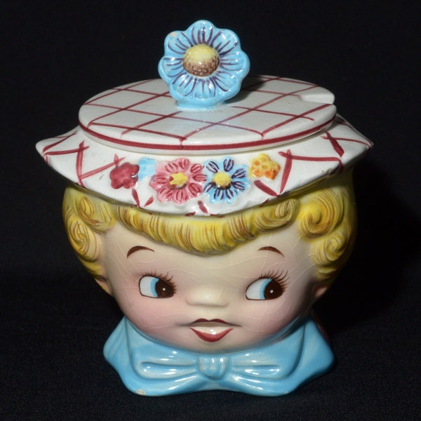 Couvercle de pot de gelée de confiture Lefton Miss Dainty vintage des années 1950, cuisine kitsch rétro, ESD 6823, chapeau bleu, sucrier