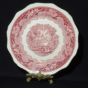 Antique Mason's Vista large dinner plate 11 inches England Bone China England red pink transferware leaves landscape Gadroon Edge