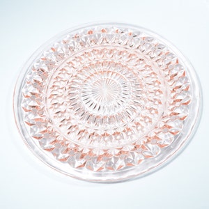 Pink Depression Glass Jeannette, Holiday Button and Bows Dinner plate 9 inches vintage 1930s plate SCRATCHES