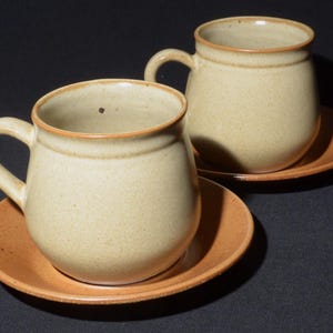 Set of 2 Cerval mug and saucer set teacup art pottery rust beige  pottery Gaétan Beaudin cup Canada Quebec Sial