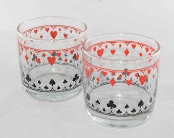 Vintage set of 2 mustard glasses mid-century poker 6 oz MCM heart diamond club spade liquor small whisky glass Schwartz