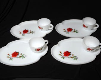4 Vintage FEDERAL Red Rose Milk Glass Snack Sets Tea Cup Plate Rosecrest Design Snack Tray Set Milk Glass Teacup Tray Set 8 pc Valentines