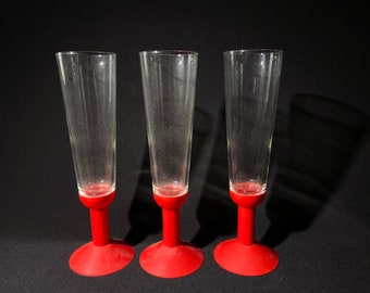 Set of 3 Bodum Oktett Red Champagne Flutes Space Age Plastic pilsner Glasses footed drinking MCM Drink Set Barware removable stems