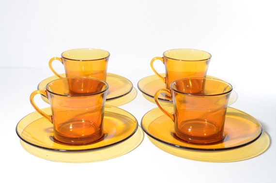 Vintage Duralex set van 4 amberkleurige glazen kopje theekopje - Etsy België