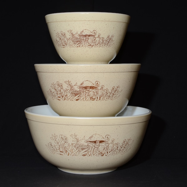 PYREX Forest Fancies Set of 3 bowls 401, 402 and 403 Vintage Pyrex Mixing Bowl Set 1980s Kitchen Brown Beige Mushroom ap