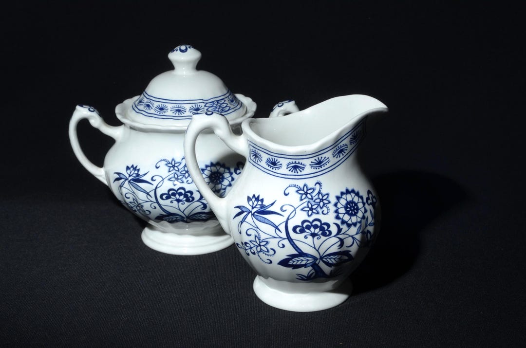 J&G Meakin Classic White Blue Nordic Creamer Sugar Bowl Set Lid