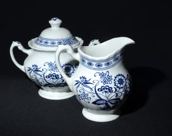J&G Meakin Classic White Blue Nordic Creamer Sugar Bowl Set Lid