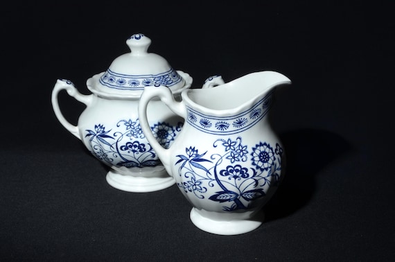J&G Meakin Classic White Blue Nordic Creamer Sugar Bowl Set Lid
