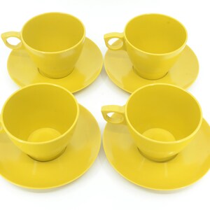 Vintage Set of 4 MAPLEX Melmac Mustard yellow Teacup and saucer yellow Mid century Hard Plastic Melamine Camping cups 8 pc image 2