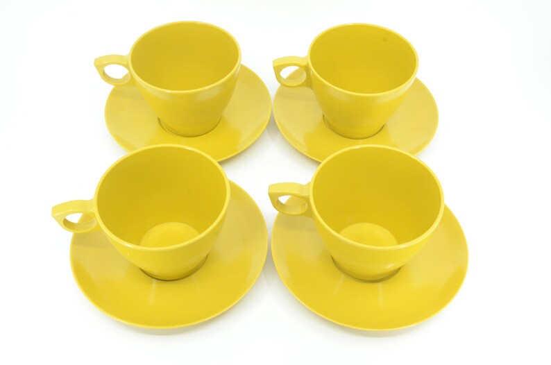 Vintage Set of 4 MAPLEX Melmac Mustard yellow Teacup and saucer yellow Mid century Hard Plastic Melamine Camping cups 8 pc image 2