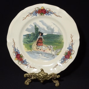 Plato de almuerzo Sareguemines Francia Obernai, plato decorativo de 8 pulgadas de porcelana firmado Henri Loux Faienceries, niño ganso blanco Alsacia