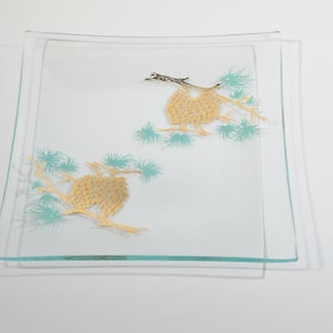 Clear Tray Square Platter with Gold pine design turquoise blue 6 1/4&quot; square Mid Century Modern Vintage serving tray MCM Decor glass tray