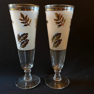 Libbey Set of 2 frosted Pilsner Beer glasses Gold Leaf MCM Glasses footed glass drinking glass MCM Drink Set Mixology Barware Vintage