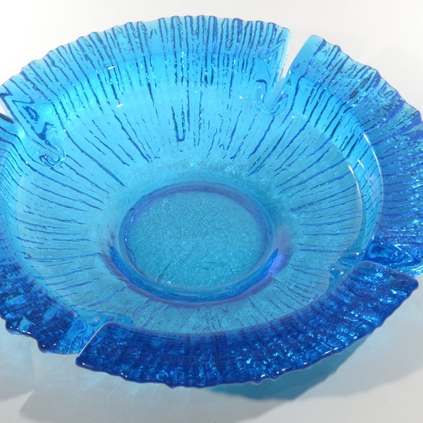 Blenko Art Glass 1960s large Blue ashtray 9.5" vintage round heavy glass cigarette ribbed part no 624 called Turquoise by Blenko