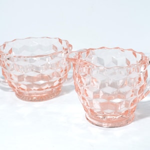 Fostoria Glass American Line 2056 Cube Pink depression glass  sugar bowl creamer set pink depression glass chips on creamer Cubist diamond