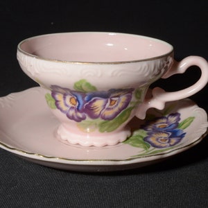 Japanese SHAFFORD Hand Painted Pink Teacup and saucer Pansies Gold Rimmed Japan Vintage floral purple embossed