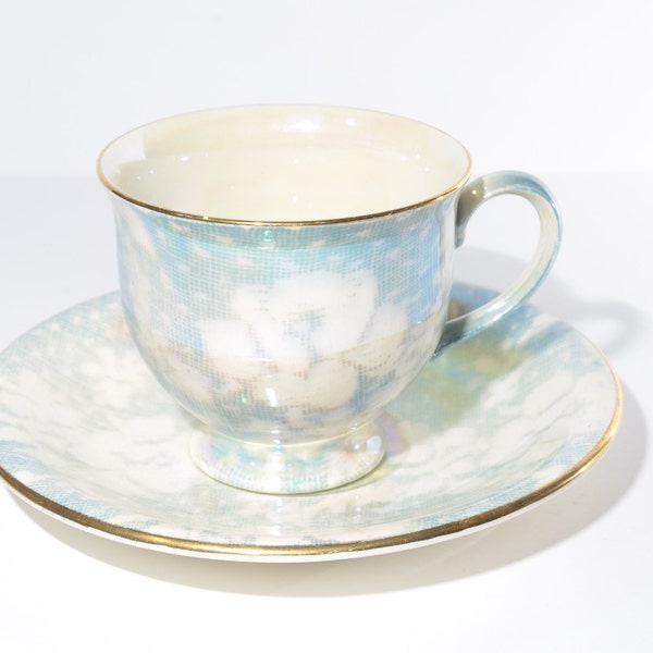 ROYAL WINTON Grimwades blue teacup lusterware turquoise blue teacup and saucer set England brocade chintz 1930s iridescent lusterware