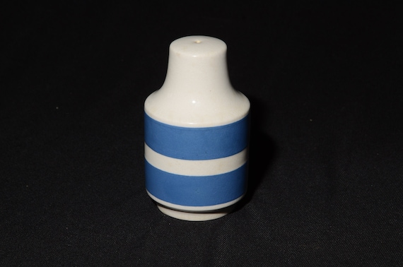 Vintage Chef Ware Blue White Stripe Staffordshire Potteries shaker 1950s Chef Cordon Bleu Ironstone plastic lid