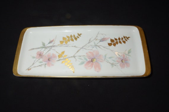 Vintage Thomas rectangular platter serving dish Germany Blossom pink flowers gold rim tray serving plate