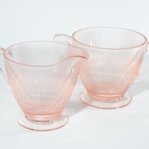 Jeannette Glass Pink Depression Glass Sugar bowl Creamer set HOMESPUN 1930s pink glass open sugar Fine rib mint condition footed