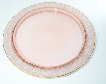 Roze depressie glas art deco elegante sandwichplaat 12,5" roze schotel serveerschaal vintage gouden rand filigraan geëtst