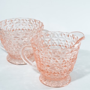 Jeannette Holiday Button and BowsPink Depression Glass creamer sugar bowl set Pressed Glass 1940s pink glass no lid CHIPPED