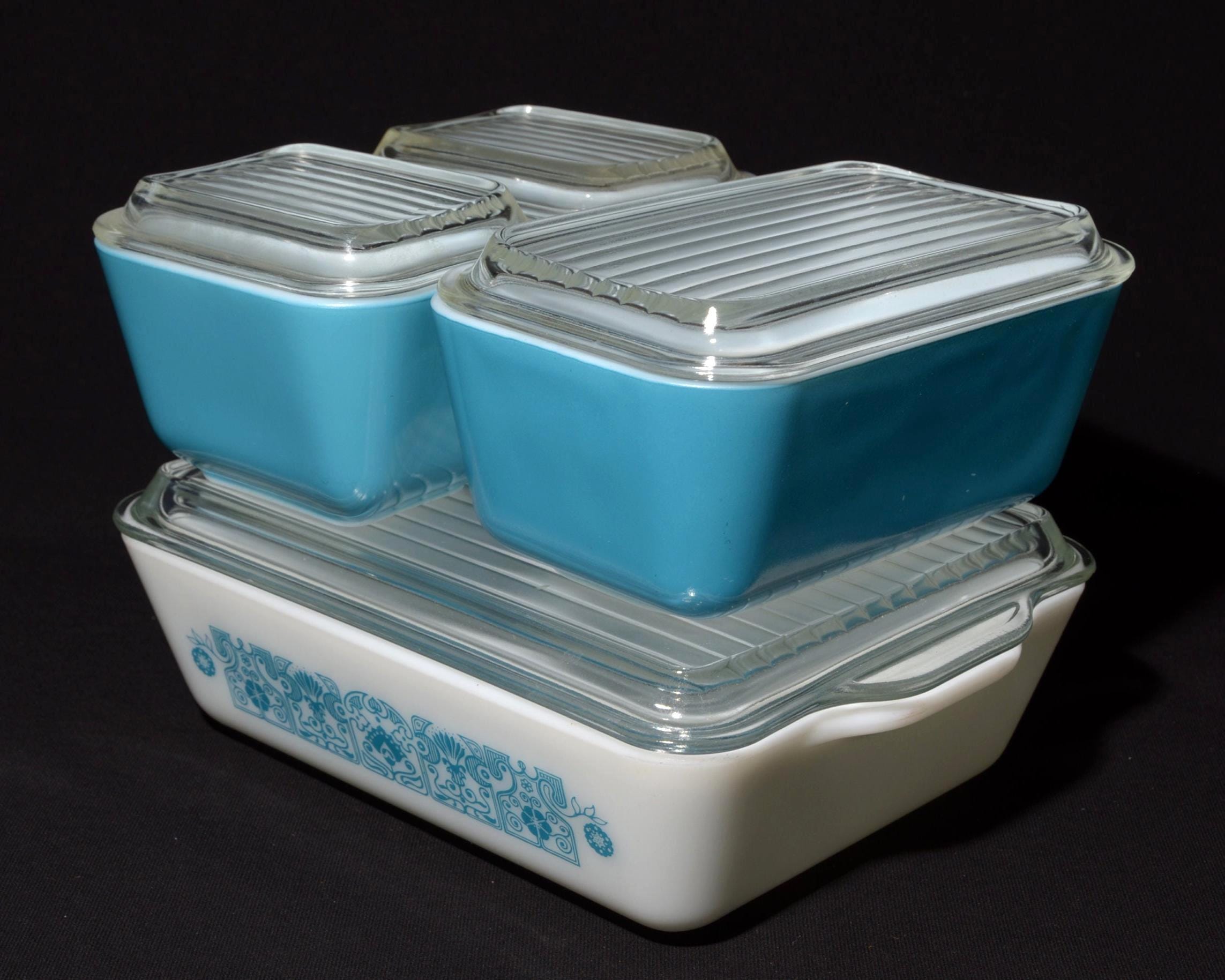 保存容器・ケース (138) Old Pyrex Refrigerator Dish 3Set PYREX Horizon Blue Full Set Fridgie Lid Fridge Vintage Set 1960s
