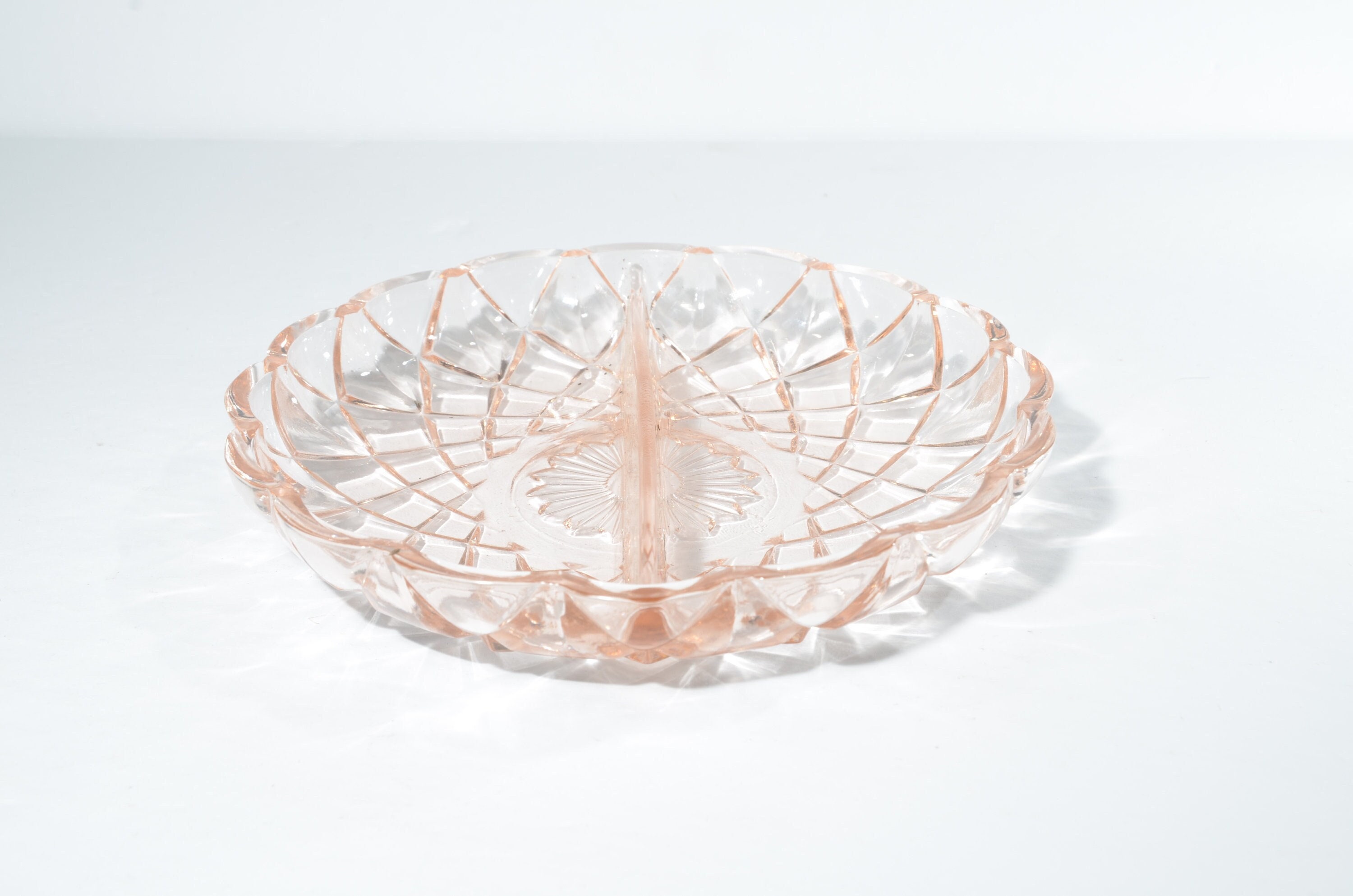 Pink glass relish dish bowl 2-part divided vintage pink glass flower on center diamond depression glass 6 inches DAMAGED