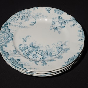 Set of 4 Antique Upper Hanley Treillis semi porcelaine teal blue lunch plate 7 3/4&quot; Bone China