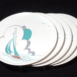 Set van 5 MELMAC gestileerd servies RPL-dinerbord melamine 9 3/4" zeilboot zeilen hard plastic kamperen gemaakt in Canada turkooisgrijs