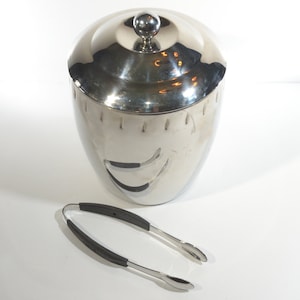 Vintage COPCO Chrome  ice bucket with Copco matching tongs Retro Vintage Bar Ware Stainless Ice Container mid-century Madmen utensil