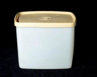 Contenedor de almacenamiento de plástico blanco vintage n.° 1820 Action Ind. Cheswick PA con tapa Tupperware Gold Yellow n.° 310, fabricado en EE. UU.