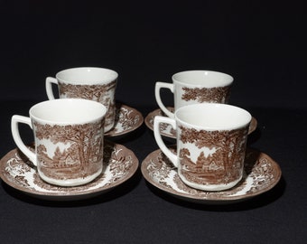 J&G Meakin Romantic England set of 4 flat teacup and saucer mug brown transferware England vintage dishwasher safe cup