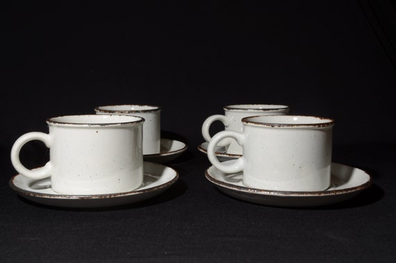 Stonehenge MIDWINTER England set of 4 teacup and saucer sets off-white speckled brown vintage pottery 1970s farmhouse cup mug 10 oz OT