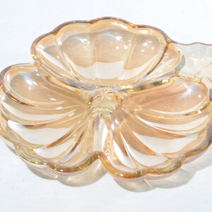Vintage Depression Glass Jeannette Glass DORIC Marigold Candy dish handle pansy shape serving bowl Depression era Iridescent