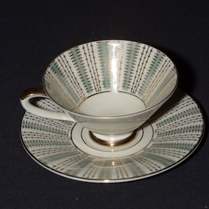 Zeh Scherzer Bavaria Bone China Demitasse Saucer Teacup and saucer set Germany beige turquoise teal gold stripes