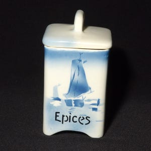 Spice Canister Epices Pot Ditmar Urbach Czechoslovakia 1930s small Hand Painted Spice Jar Art Deco Sailboat Storage Blue White