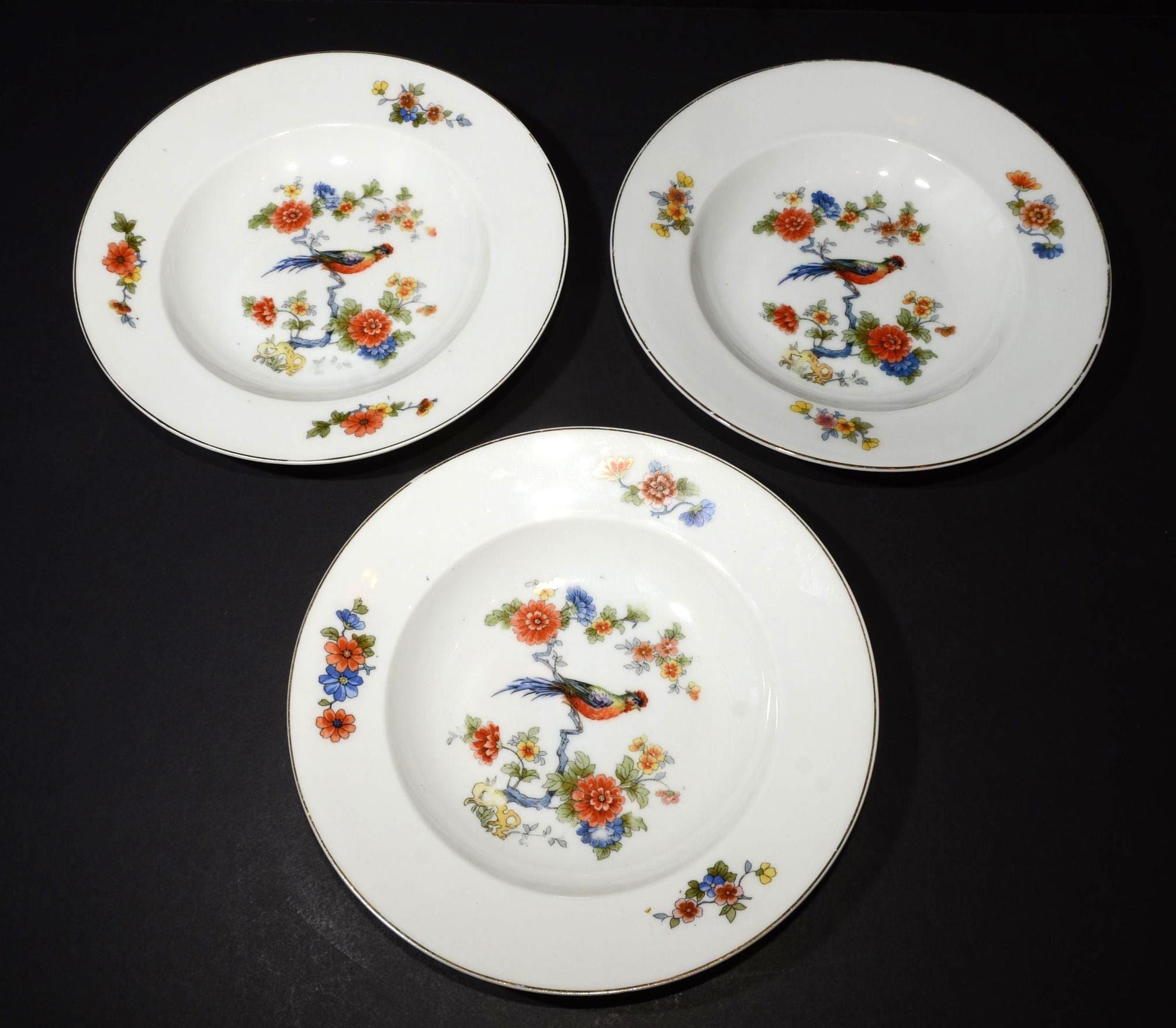 Set of 3 Antique Bird of Paradise Bowl Deep Plate Antique