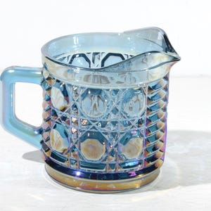Blue Carnival glass creamer Vintage  Iridescent rainbow collectable glassware Indiana Windsor