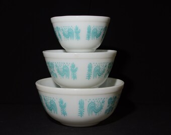 パイレックス　黄色　イエロー　バタープリント　アーミッシュ　ミキシングボウル ヴィンテージ PYREX 3個セット アミッシュ バタープリント ターコイズ