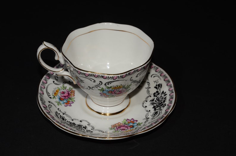 ROYAL ALBERT Damask Footed Teacup and saucer pink floral 2694 flower Gold Rimmed England Vintage Bone China Malvern Shape image 2