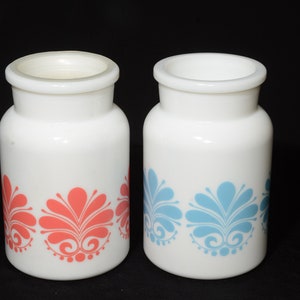 Set of 2 Belgium vintage milk glass jar ONLY one plastic lid Milk Glass Lidded Apothecary Jar with Strawberry Red Designs Blue Designs