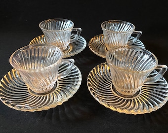 FEDERAL Depression Glass DIANA Swirl Set of 4 Demitasse cup and saucer clear espresso coffee cup 1930s teacup spiral